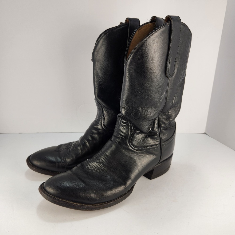 Tony Lama Men's 8.5 D Black Leather Western Cowboy Boots Embroidered USA